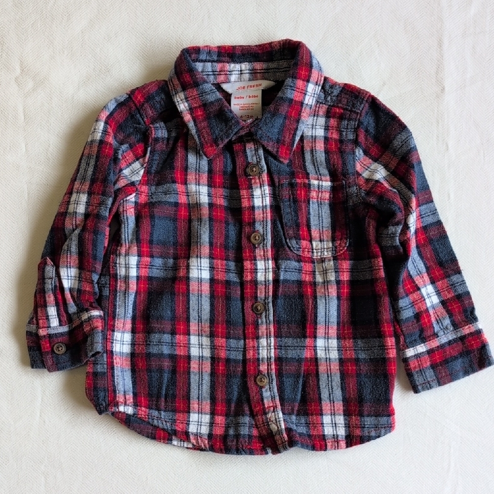 joe fresh plaid cotton flannel button down collared shirt 6-12 months baby